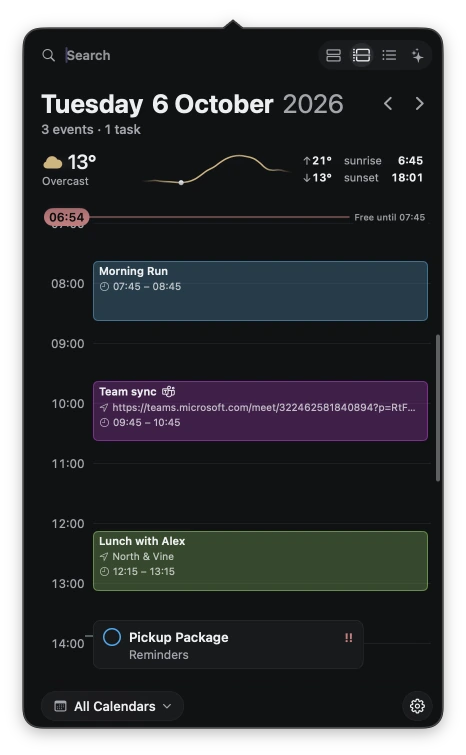 Daily agenda with events and a reminder on one timeline