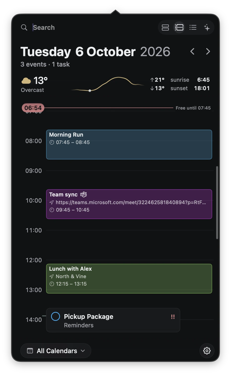 Daily timeline showing Morning Run, Team sync, Lunch with Alex, and a Pickup Package reminder