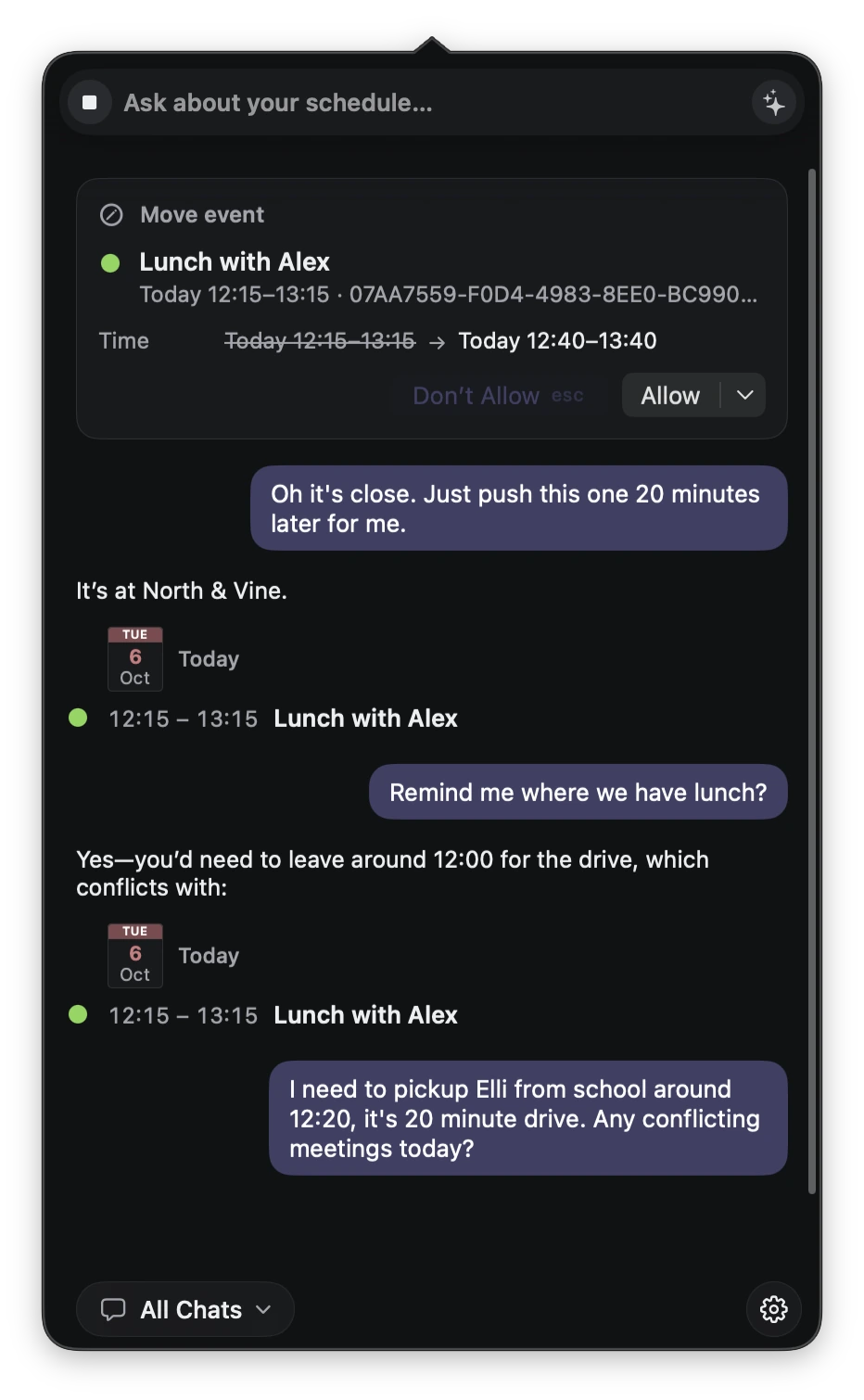 You: I need to pickup Elli from school around 12:20, it's 20 minute drive. Any conflicting meetings today?