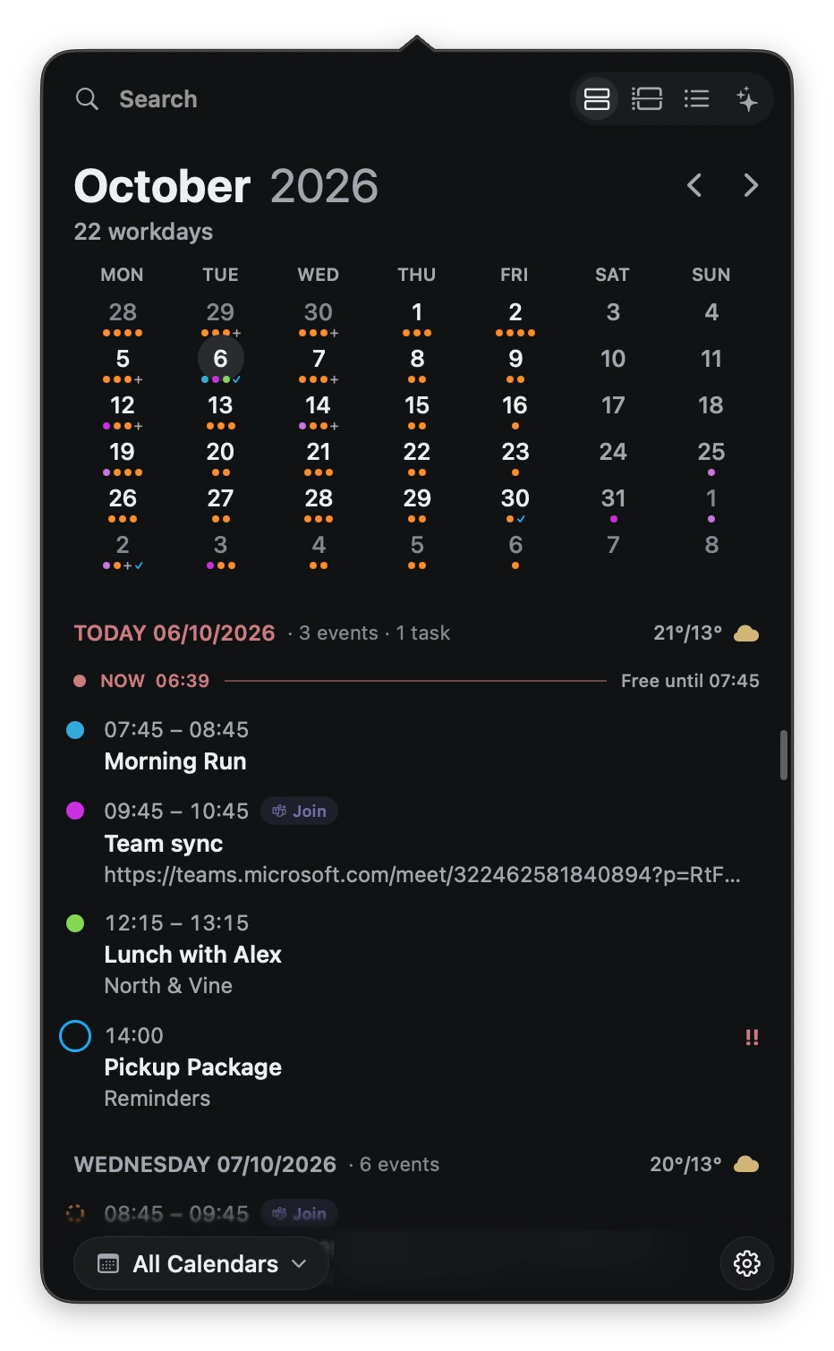 DayEdge month calendar with today's events, reminders, and meeting links