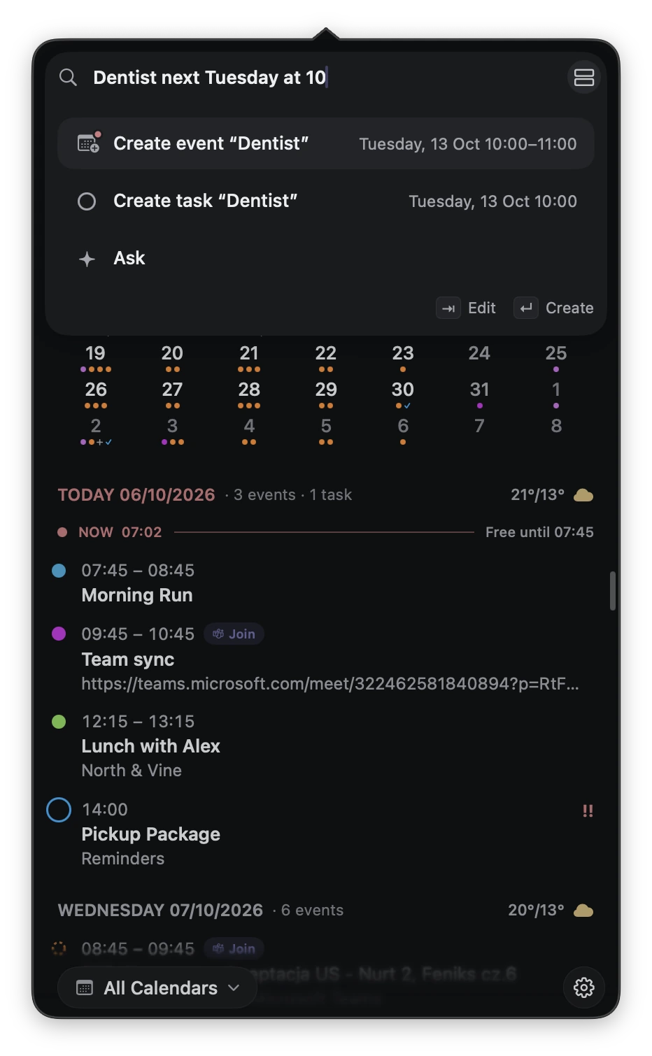 Close-up of the real DayEdge quick-add interface: Dentist next Tuesday at 10, with Create event, Create task, Ask, Edit, and Create options