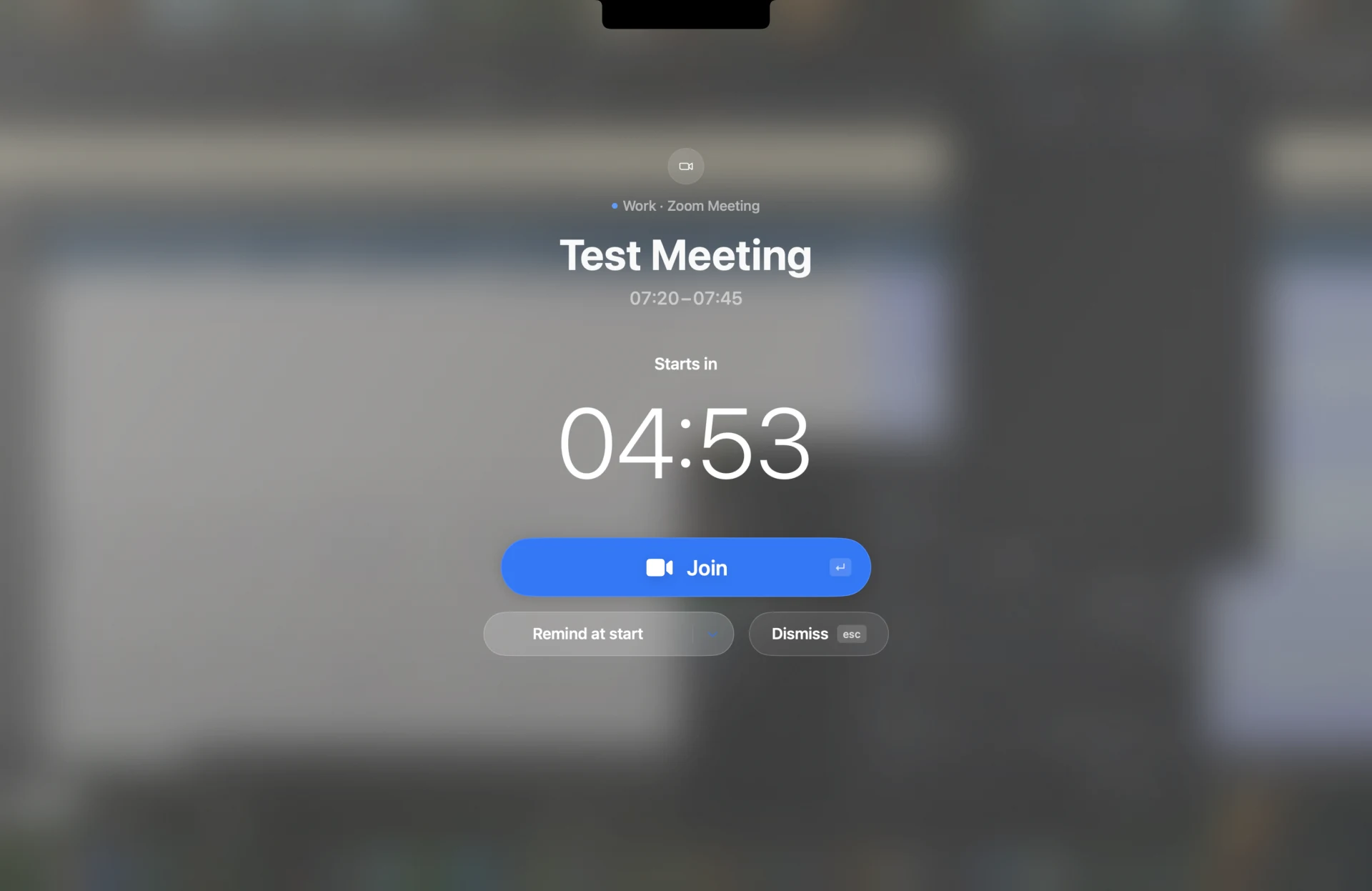 DayEdge full-screen reminder over a blurred desktop: Test Meeting, 04:53 countdown, and Join, Remind at start, and Dismiss controls