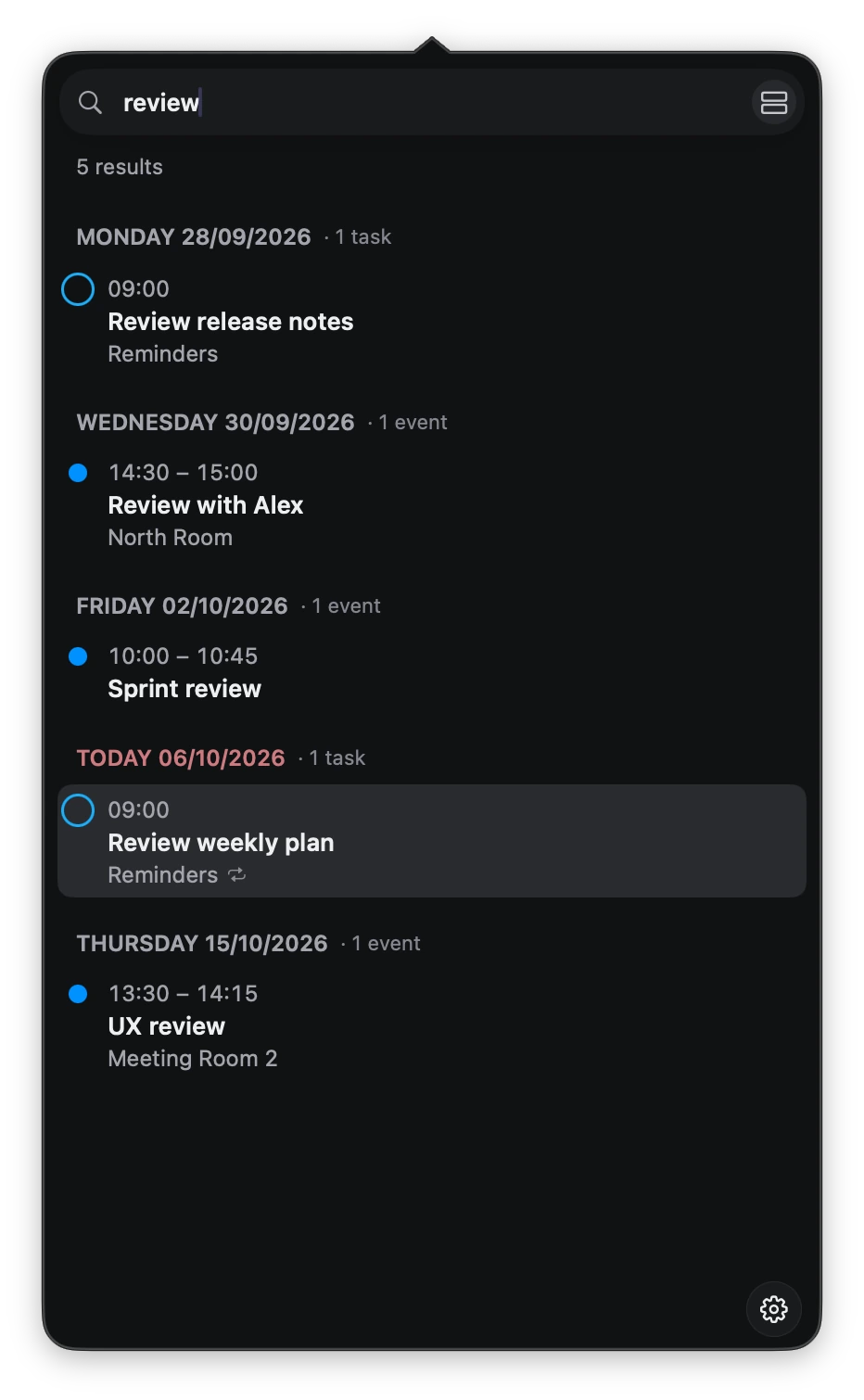 Full DayEdge Search view for review, showing five matching events and tasks grouped by date