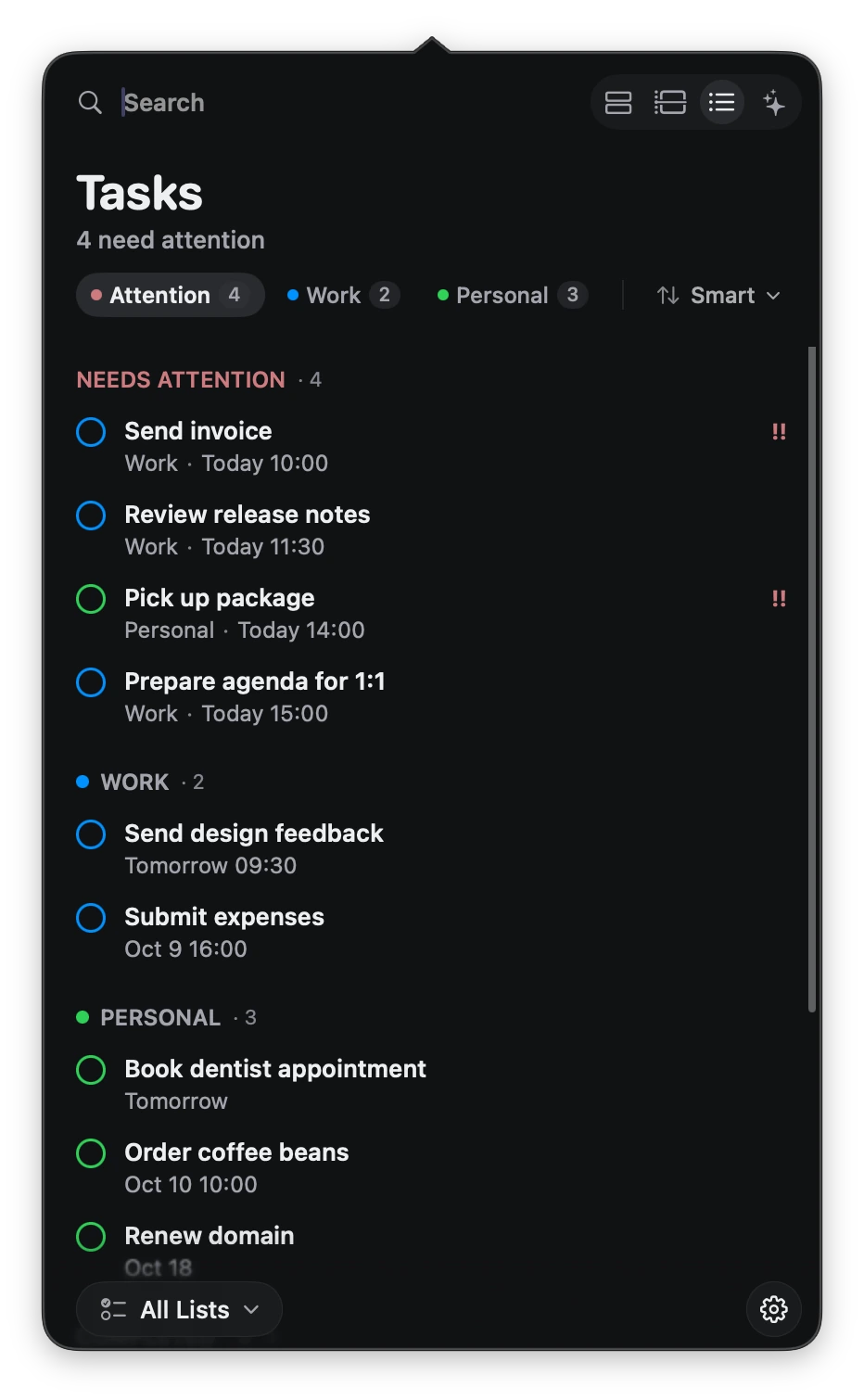 DayEdge Tasks view with Needs attention, Work and Personal lists, due times, priorities and completion circles